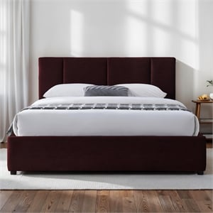 Pemberly Row Channel Tufted Fabric Upholstered Platform Queen Bed in Burgundy