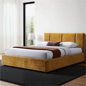 Pemberly Row Channel Tufted Fabric Upholstered Platform Queen Bed in Gold