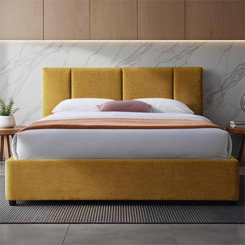 Pemberly Row Channel Tufted Fabric Upholstered Platform Queen Bed in Gold