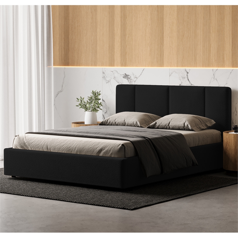 Pemberly Row Channel Tufted Upholstered Platform Queen Bed in Black Boucle