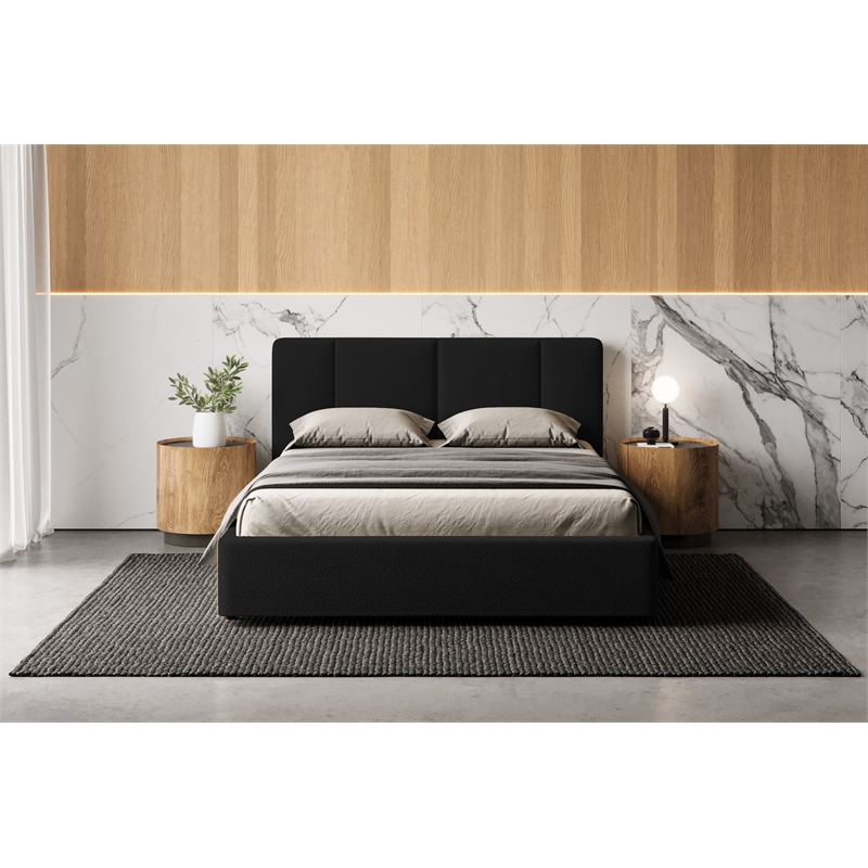Pemberly Row Channel Tufted Upholstered Platform Queen Bed in Black Boucle