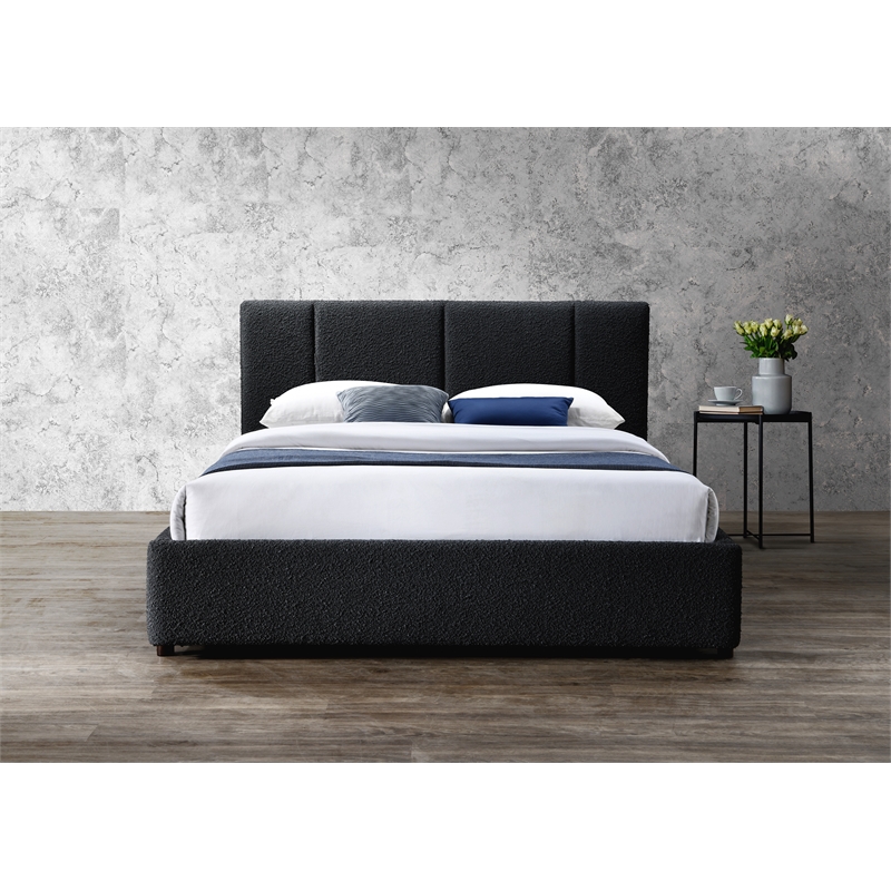 Pemberly Row Channel Tufted Upholstered Platform Queen Bed in Black Boucle