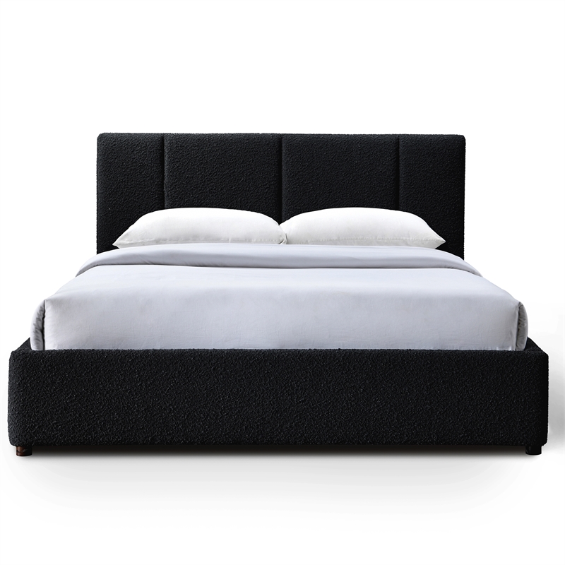 Pemberly Row Channel Tufted Upholstered Platform Queen Bed in Black Boucle