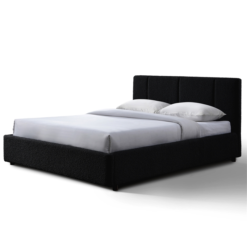 Pemberly Row Channel Tufted Upholstered Platform Queen Bed in Black Boucle