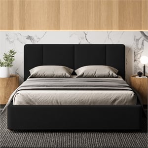 Pemberly Row Channel Tufted Upholstered Platform Queen Bed in Black Boucle