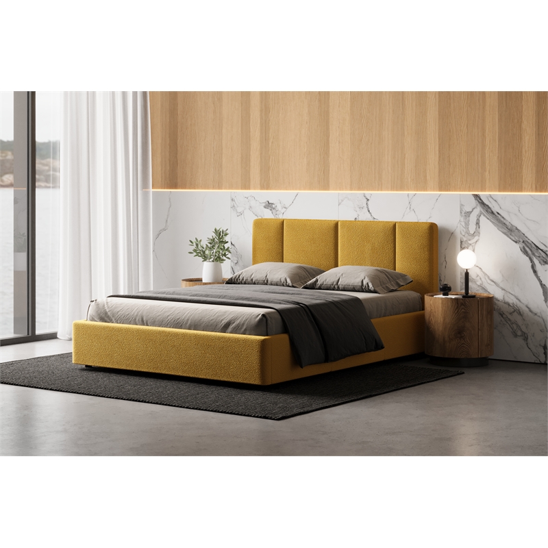 Pemberly Row Channel Tufted Upholstered Platform Queen Bed in Mustard Boucle