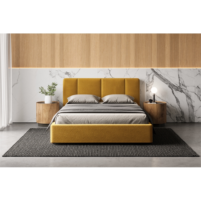 Pemberly Row Channel Tufted Upholstered Platform Queen Bed in Mustard Boucle