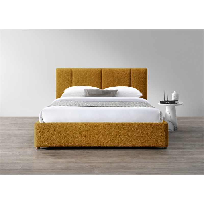 Pemberly Row Channel Tufted Upholstered Platform Queen Bed in Mustard Boucle