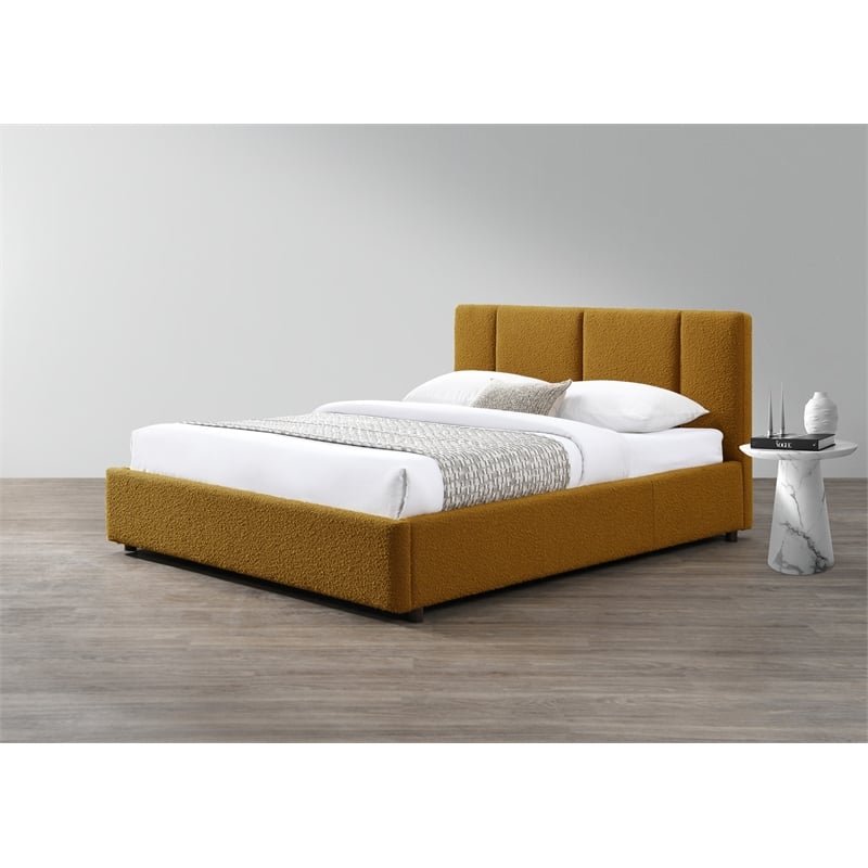 Pemberly Row Channel Tufted Upholstered Platform Queen Bed in Mustard Boucle