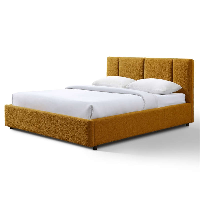 Pemberly Row Channel Tufted Upholstered Platform Queen Bed in Mustard Boucle