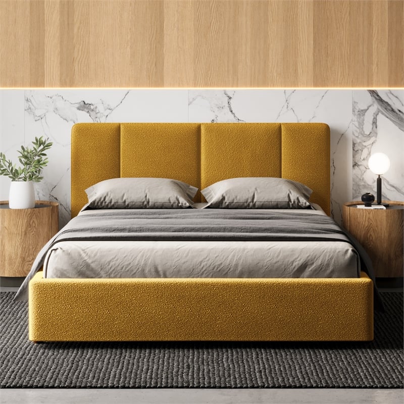 Pemberly Row Channel Tufted Upholstered Platform Queen Bed in Mustard Boucle