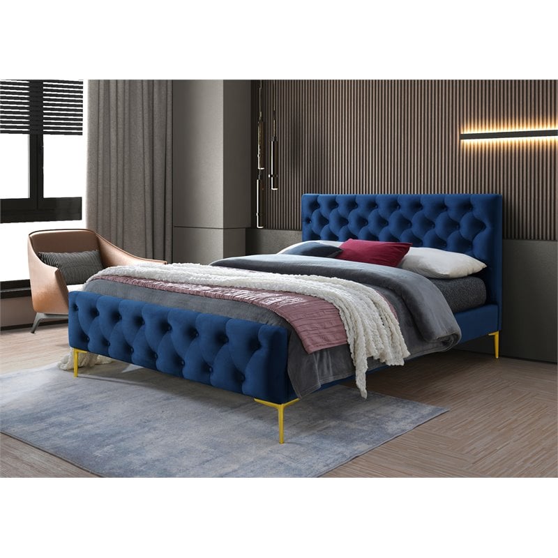 Pemberly Row Button Tufted Wood and Velvet Queen Platform Bed in Blue