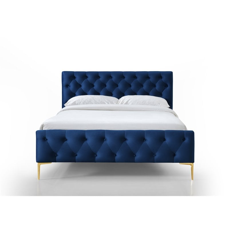 Pemberly Row Button Tufted Wood and Velvet Queen Platform Bed in Blue