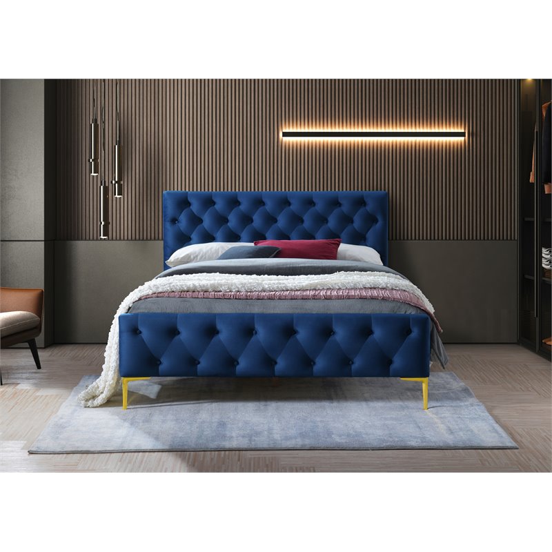 Pemberly Row Button Tufted Wood and Velvet Queen Platform Bed in Blue