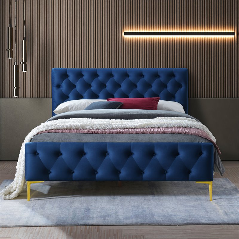 Pemberly Row Button Tufted Wood and Velvet Queen Platform Bed in Blue