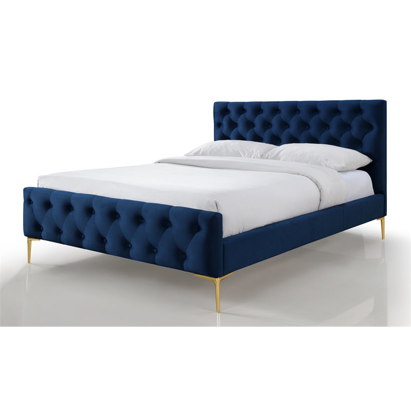 Pemberly Row Button Tufted Wood and Velvet Queen Platform Bed in Blue