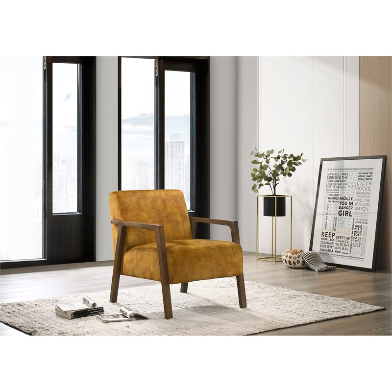 Pemberly Row Solid Wood and Fabric Upholstered Lounge Accent Chair in Gold
