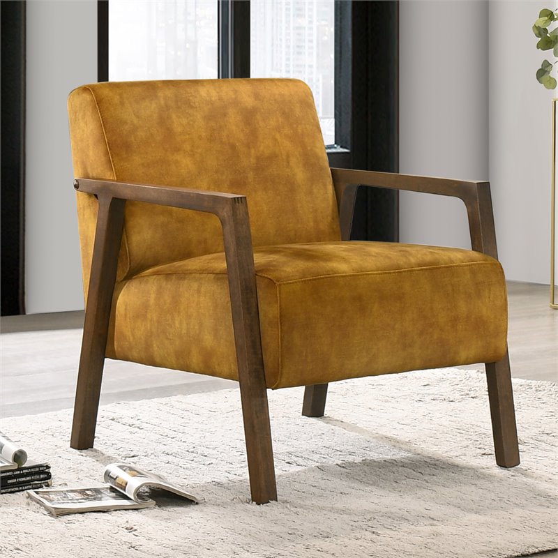 Pemberly Row Solid Wood and Fabric Upholstered Lounge Accent Chair in Gold