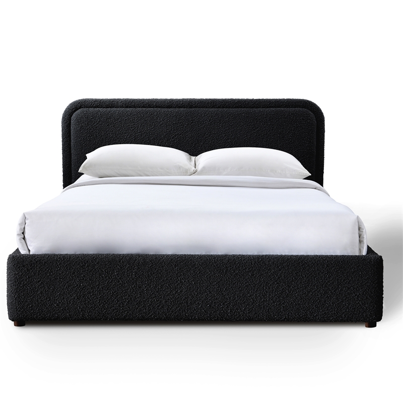 Pemberly Row Rounded Headboard Upholstered Platform Queen Bed in Black Boucle