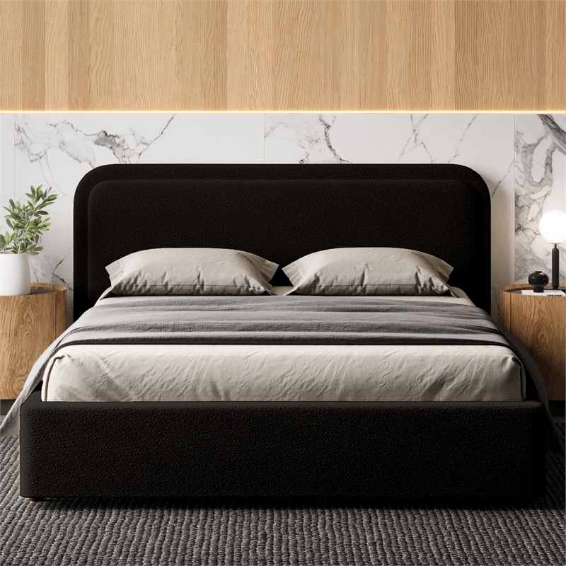 Pemberly Row Rounded Headboard Upholstered Platform Queen Bed in Black Boucle