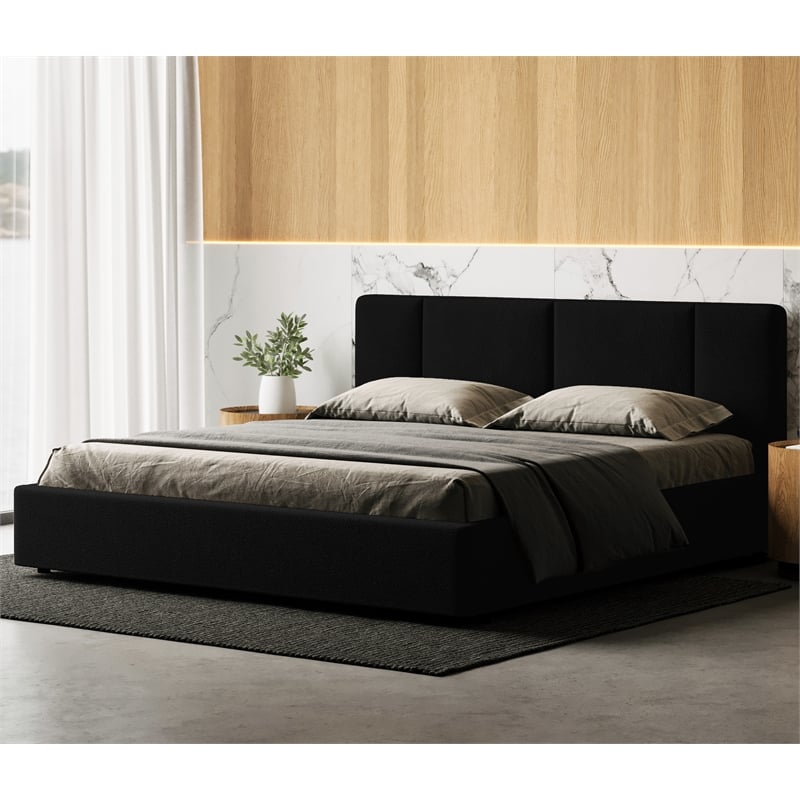 Pemberly Row Channel Tufted Upholstered Platform King Bed in Black Boucle