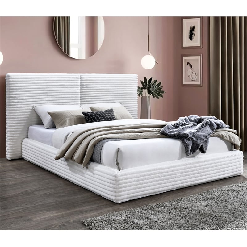 Pemberly Row Horizontal Channel Tufted Platform Queen Bed in White Fabric