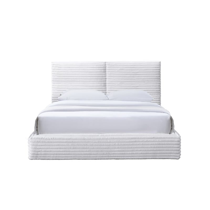 Pemberly Row Horizontal Channel Tufted Platform Queen Bed in White Fabric