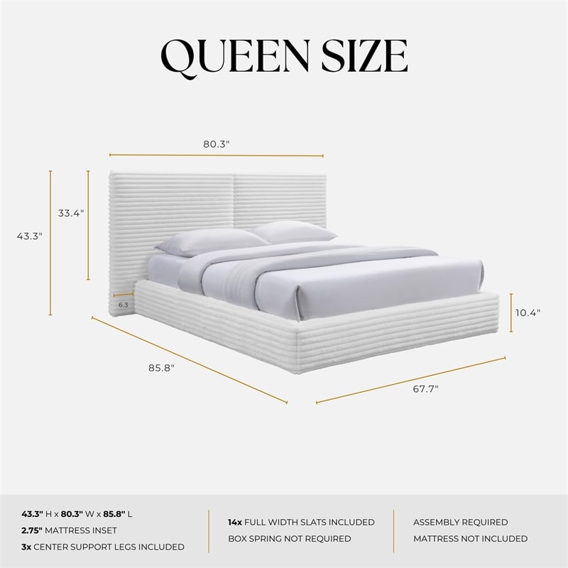 Pemberly Row Horizontal Channel Tufted Platform Queen Bed in White Fabric