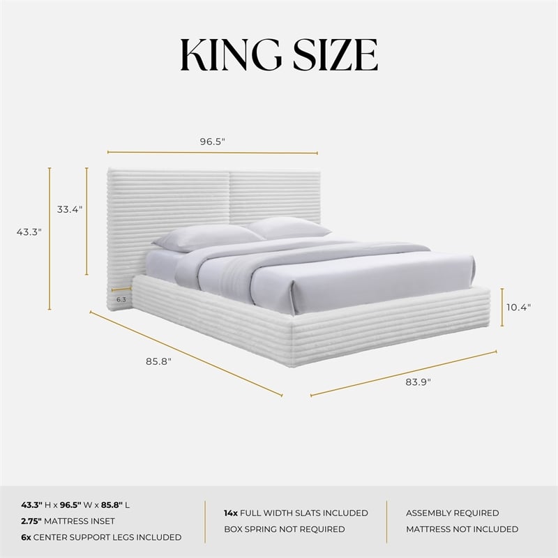 Pemberly Row Horizontal Channel Tufted Platform King Bed in White Fabric