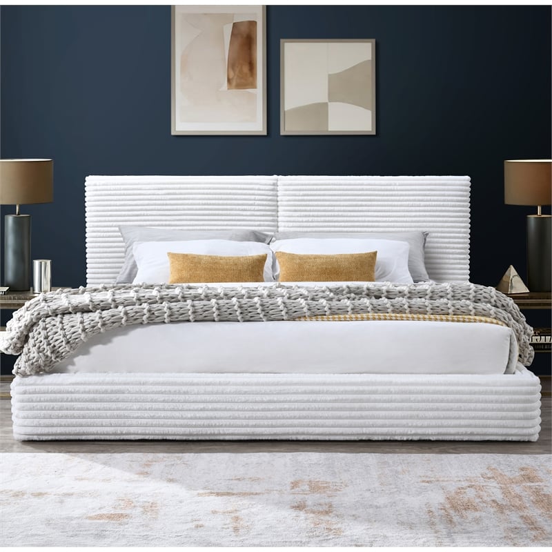 Pemberly Row Horizontal Channel Tufted Platform King Bed in White Fabric