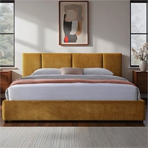 Pemberly Row Channel Tufted Upholstered Platform King Bed in Gold Fabric