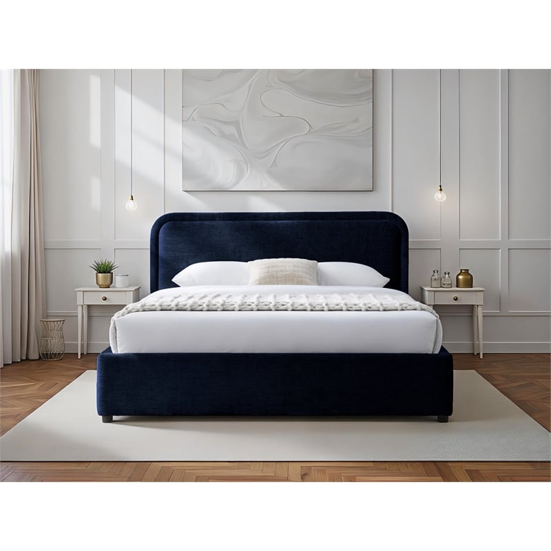 Pemberly Row Rounded Headboard Fabric Upholstered Platform Queen Bed in Blue