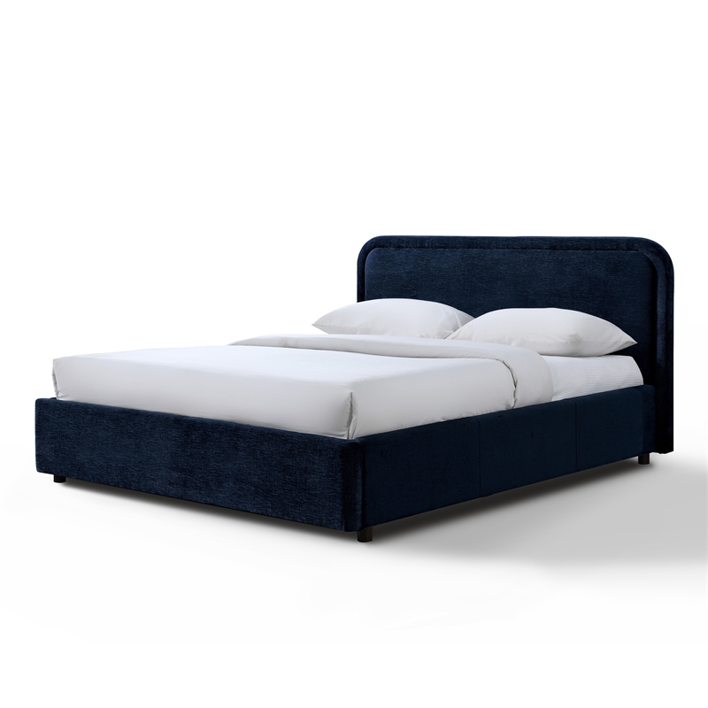 Pemberly Row Rounded Headboard Fabric Upholstered Platform Queen Bed in Blue