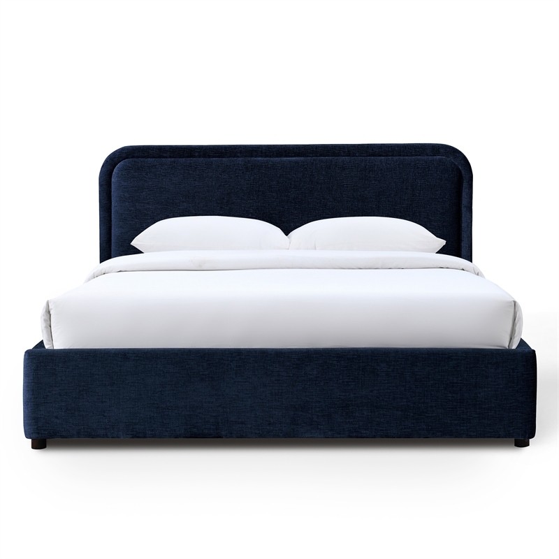 Pemberly Row Rounded Headboard Fabric Upholstered Platform Queen Bed in Blue