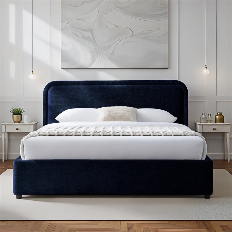 Pemberly Row Rounded Headboard Fabric Upholstered Platform Queen Bed in Blue