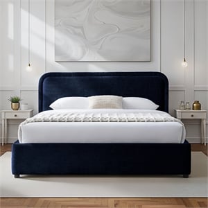 Pemberly Row Rounded Headboard Fabric Upholstered Platform Queen Bed in Blue