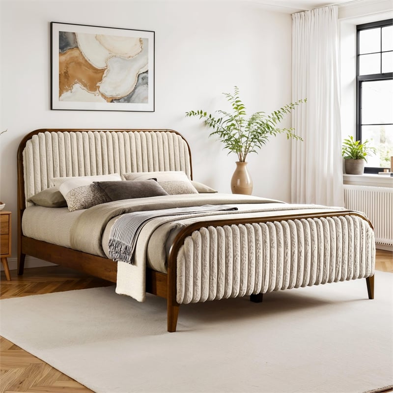 Pemberly Row Wooden Queen Size Platform Bed in Walnut and Beige