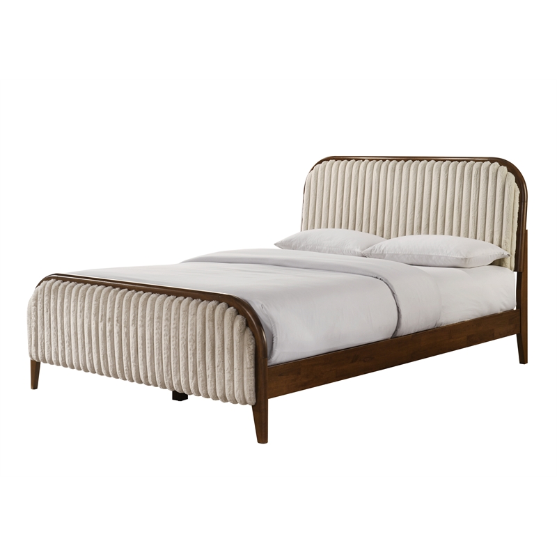 Pemberly Row Wooden Queen Size Platform Bed in Walnut and Beige