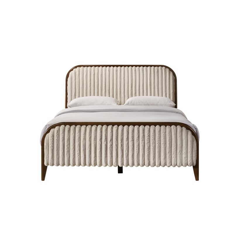 Pemberly Row Wooden Queen Size Platform Bed in Walnut and Beige