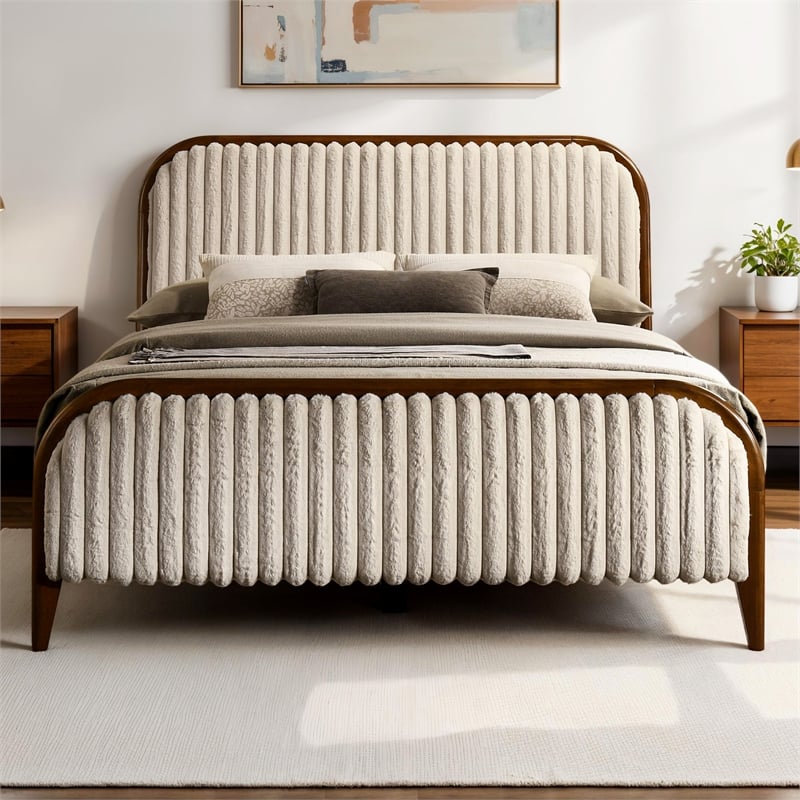 Pemberly Row Wooden Queen Size Platform Bed in Walnut and Beige