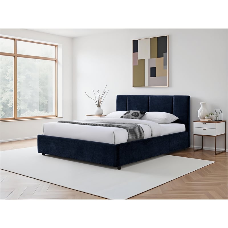Pemberly Row Channel Tufted Fabric Upholstered Platform Queen Bed in Blue