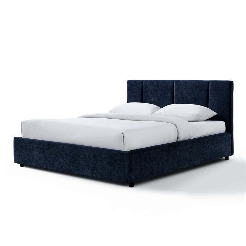 Pemberly Row Channel Tufted Fabric Upholstered Platform Queen Bed in Blue