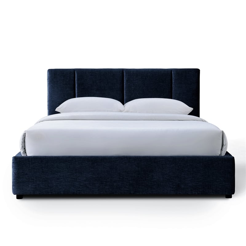 Pemberly Row Channel Tufted Fabric Upholstered Platform Queen Bed in Blue