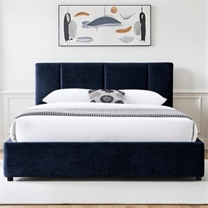 Pemberly Row Channel Tufted Fabric Upholstered Platform Queen Bed in Blue