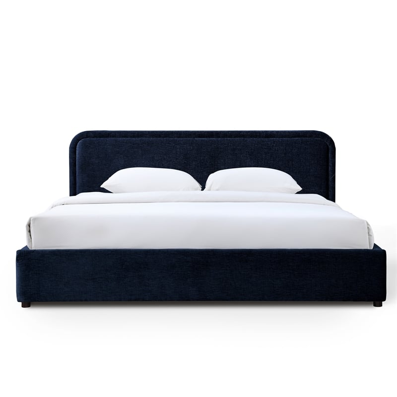Pemberly Row Rounded Headboard Upholstered Platform King Bed in Blue Fabric