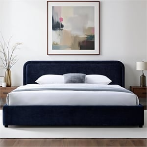 Pemberly Row Rounded Headboard Upholstered Platform King Bed in Blue Fabric