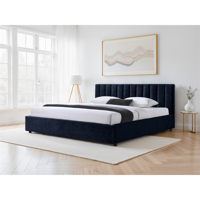 Pemberly Row Vertical Tufted Upholstered Platform King Bed in Blue Fabric