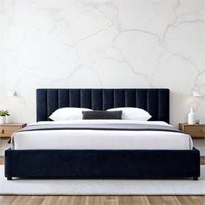 Pemberly Row Vertical Tufted Upholstered Platform King Bed in Blue Fabric