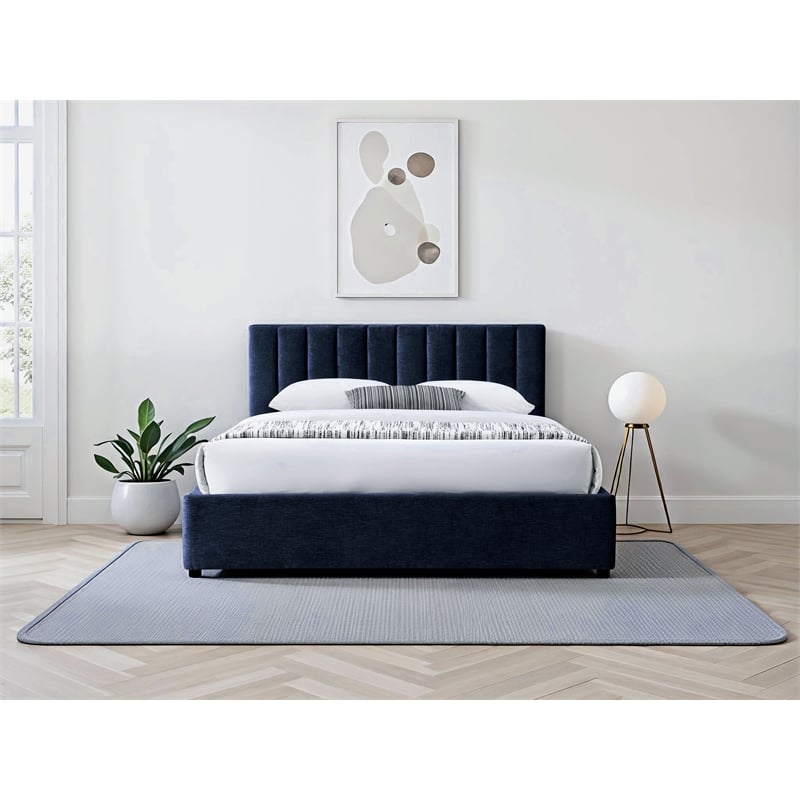 Pemberly Row Vertical Tufted Fabric Upholstered Platform Queen Bed in Blue