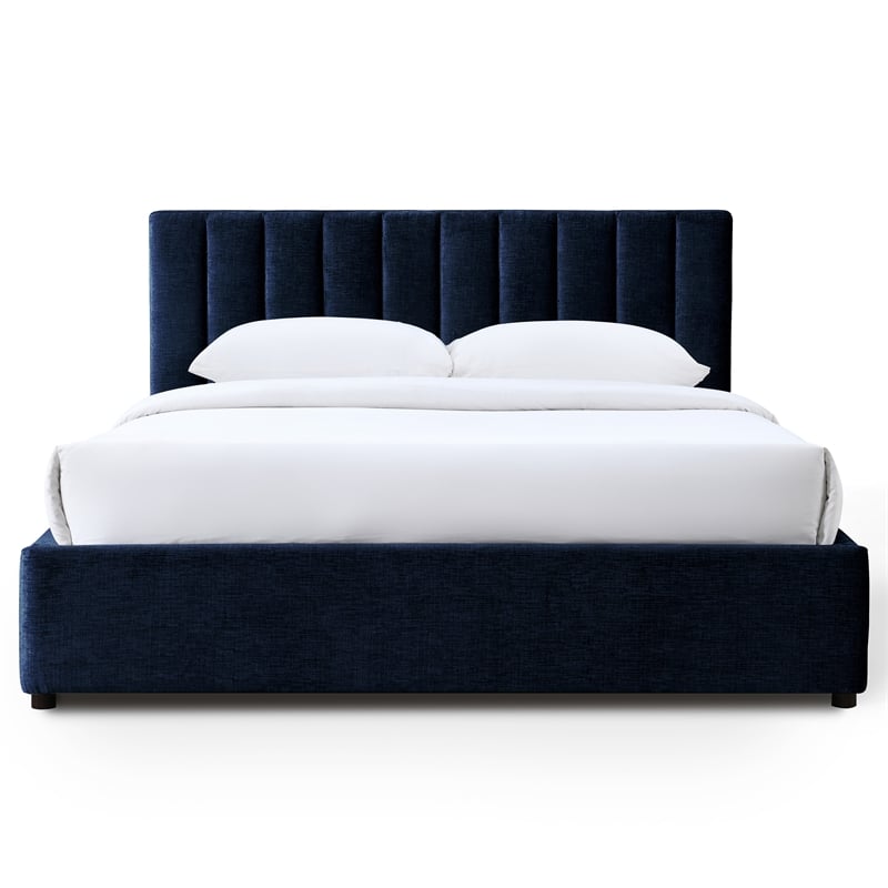Pemberly Row Vertical Tufted Fabric Upholstered Platform Queen Bed in Blue